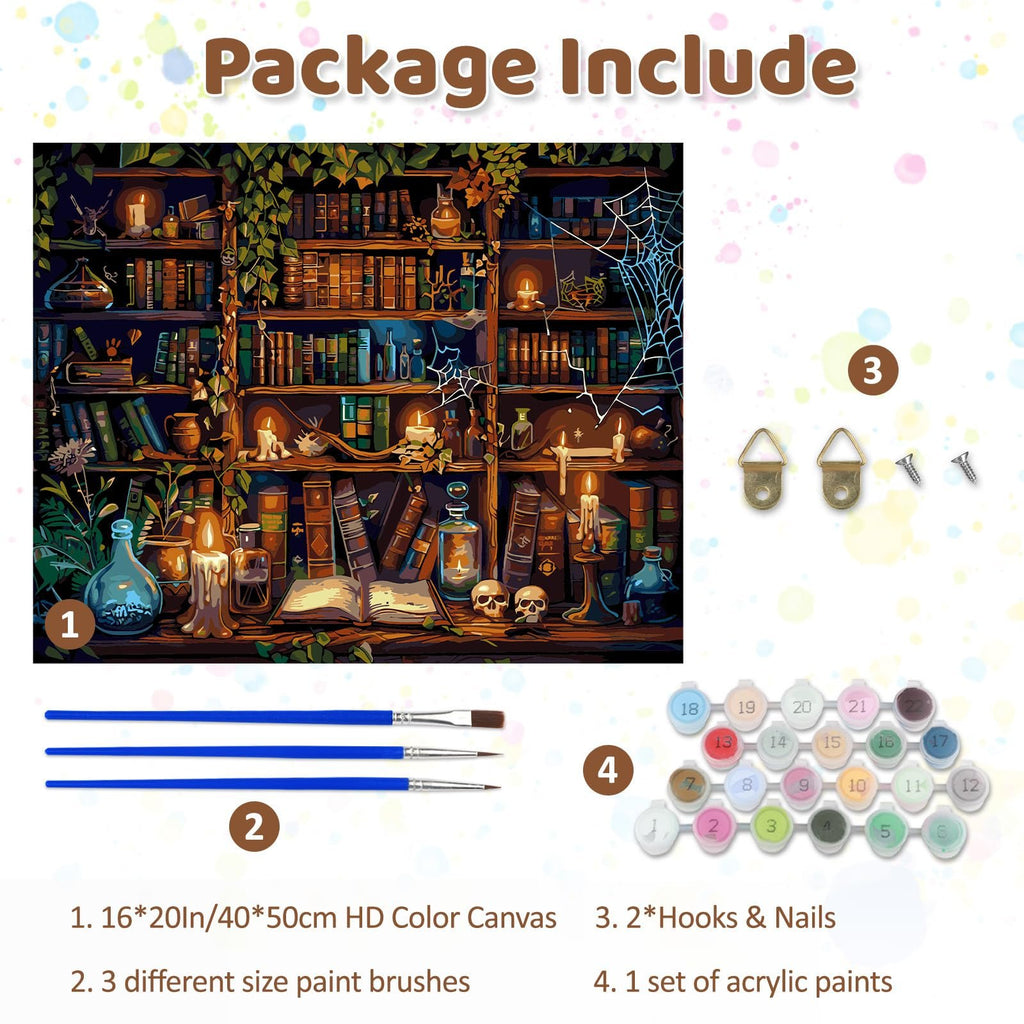 Paint by numbers kit contents including canvas, brushes, hardware, and paints.