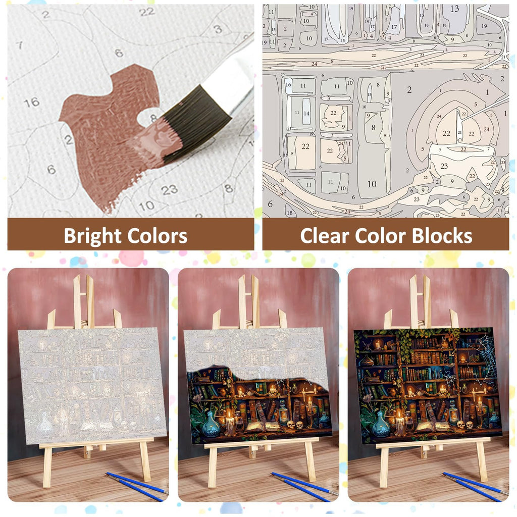 Paint by numbers kit showing progress from blank canvas to finished artwork of a magical library with books, candles, and potions.