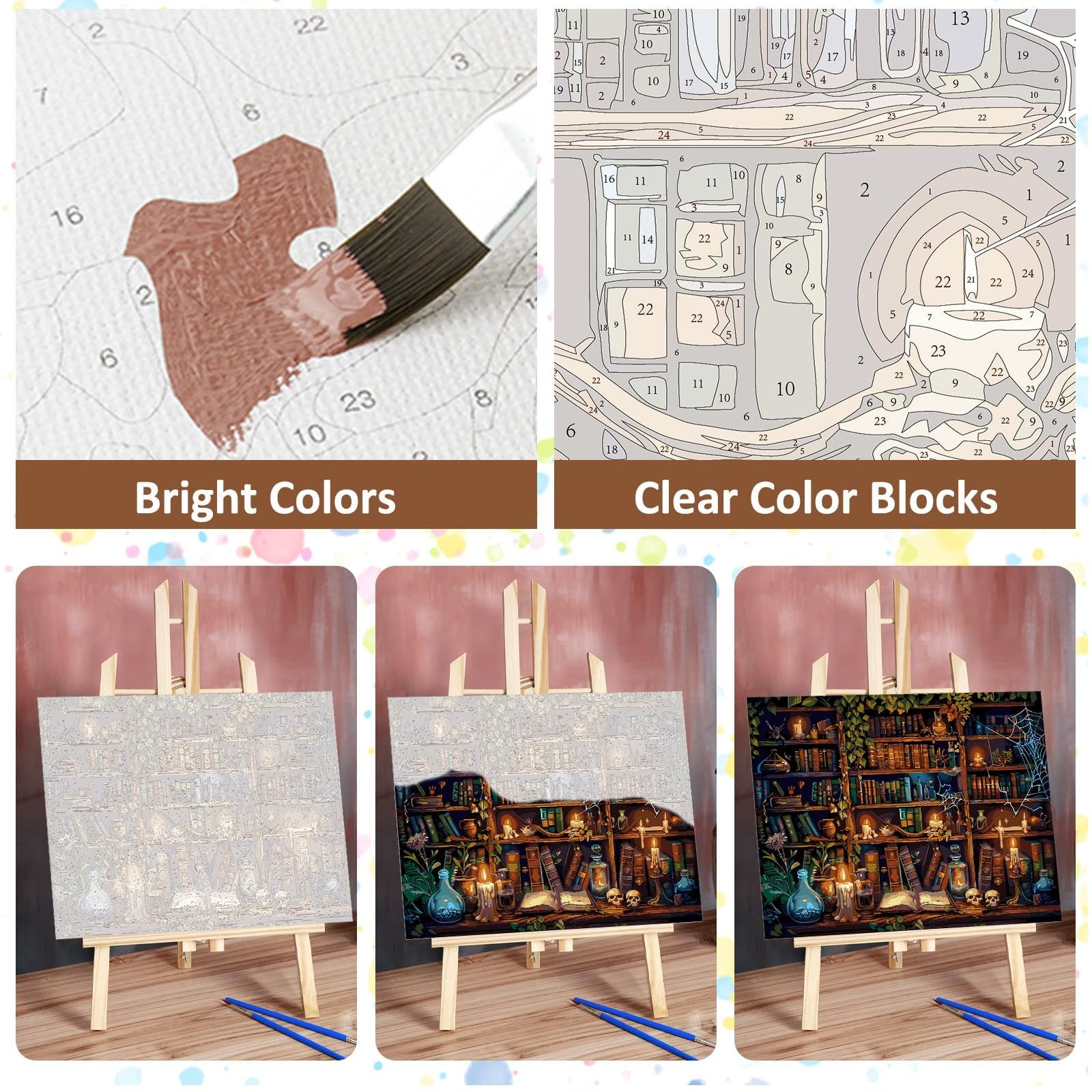Paint by numbers kit showing progress from blank canvas to finished artwork of a magical library with books, candles, and potions.