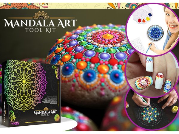 Mandala Art Tool Kit box and decorated stones, with inset images of kit contents, nail art, and hands painting a mandala.