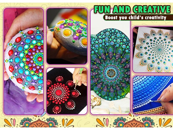 Collage of mandala dot painting examples and process shots, showcasing colorful dot art on rocks and canvas.
