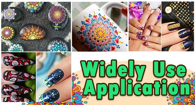 Collage of mandala dot art on stones, a mug, and various nail art designs.