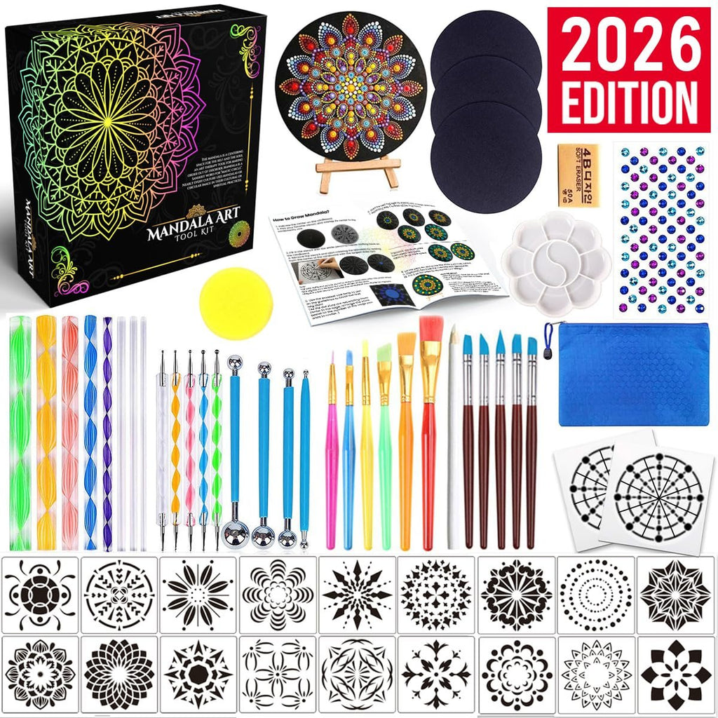 Mandala dotting tools painting kit contents laid out, including dotting tools, brushes, stencils, gem stickers, and instruction sheet.