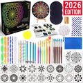 Mandala dotting tools painting kit contents laid out, including dotting tools, brushes, stencils, gem stickers, and instruction sheet.