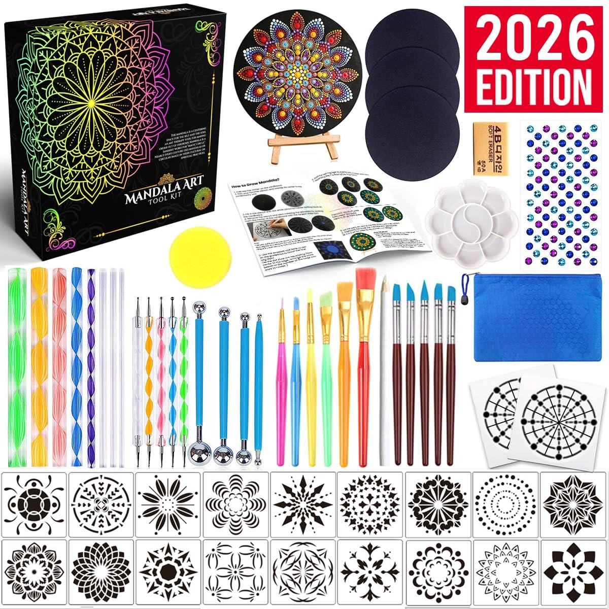 Mandala dotting tools painting kit contents laid out, including dotting tools, brushes, stencils, gem stickers, and instruction sheet.