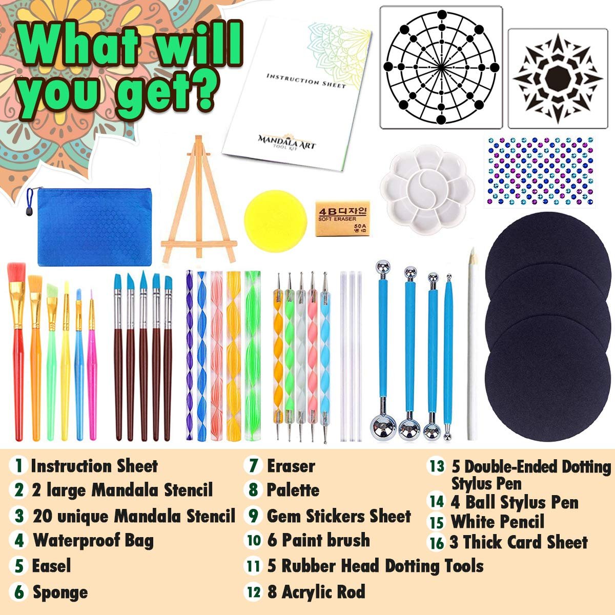 Mandala dotting tools painting kit contents laid out, including brushes, dotters, stencils, palette, and instruction sheet.