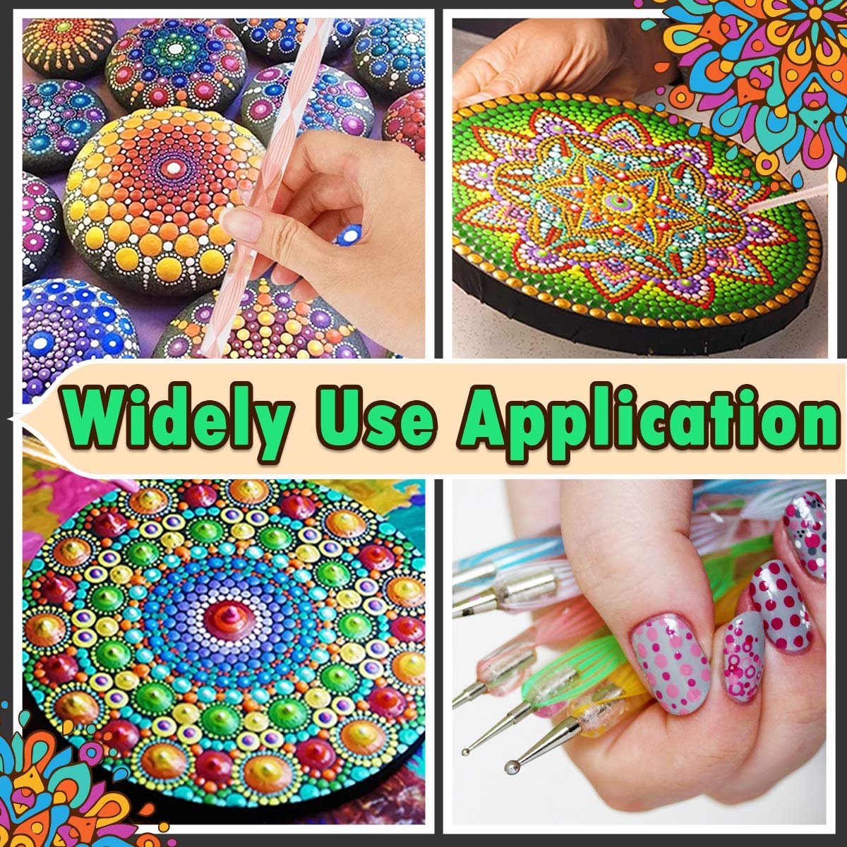 Collage of mandala dotting art and tools: painted stones, oval mandala, circular mandala, and dotting tools held by a hand.