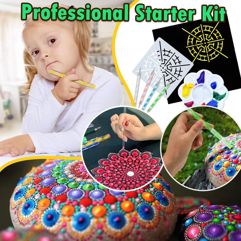 Child with mandala dotting tools kit, showing stencils, paints, and painted rocks.