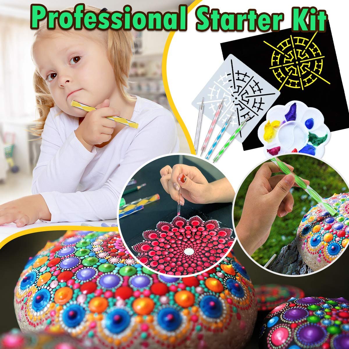 Child with mandala dotting tools kit, showing stencils, paints, and painted rocks.