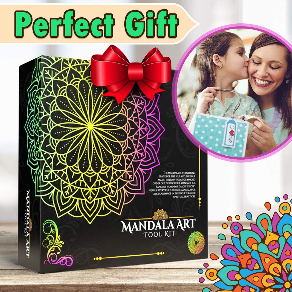 Mandala Art Tool Kit box with a red bow, and a circular inset of a mother and daughter. Colorful mandala art graphic on the right.