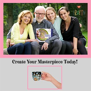Family smiling outdoors holding a mandala painting kit box; inset shows a hand holding a painted mug.