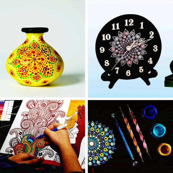 Collage of mandala painting kit items: decorated vase, clock, person painting, and dotting tools with paints.