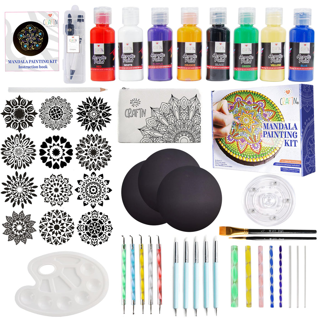 Mandala painting kit contents laid out, including acrylic paints, stencils, dotting tools, brushes, and a storage bag.