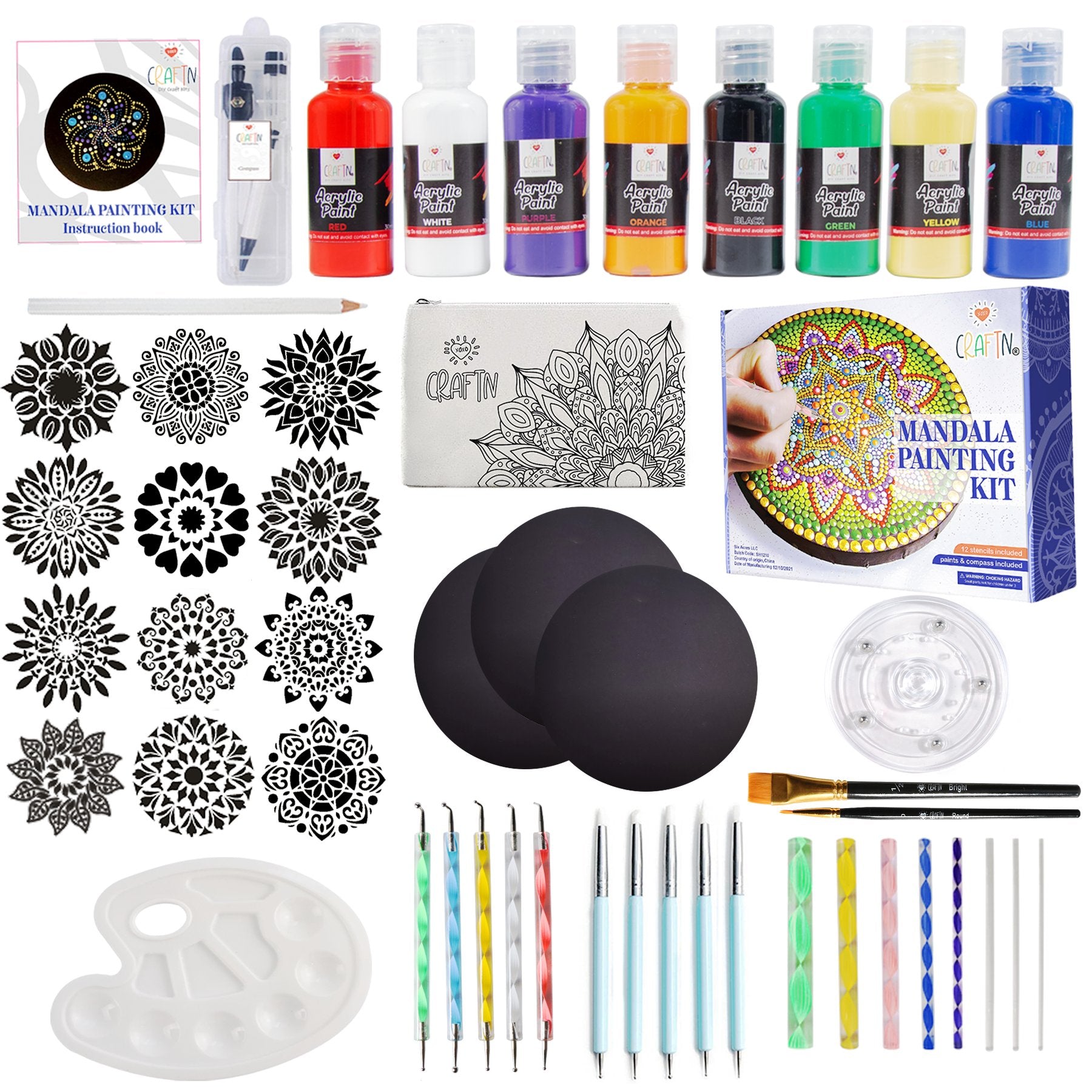 Mandala painting kit contents laid out, including acrylic paints, stencils, dotting tools, brushes, and a storage bag.