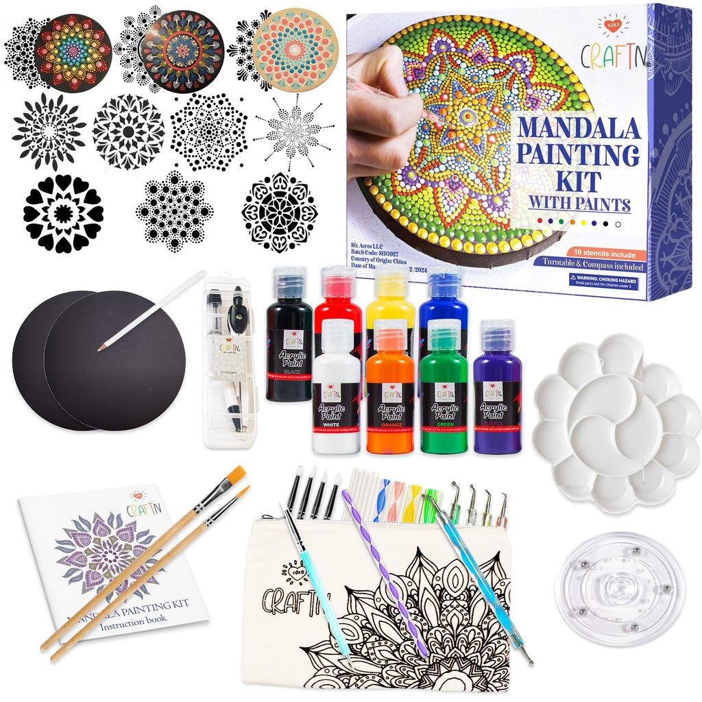 Mandala painting kit contents including stencils, paints, brushes, dotting tools, black boards, and instruction book.