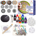Mandala painting kit contents including stencils, paints, brushes, dotting tools, black boards, and instruction book.