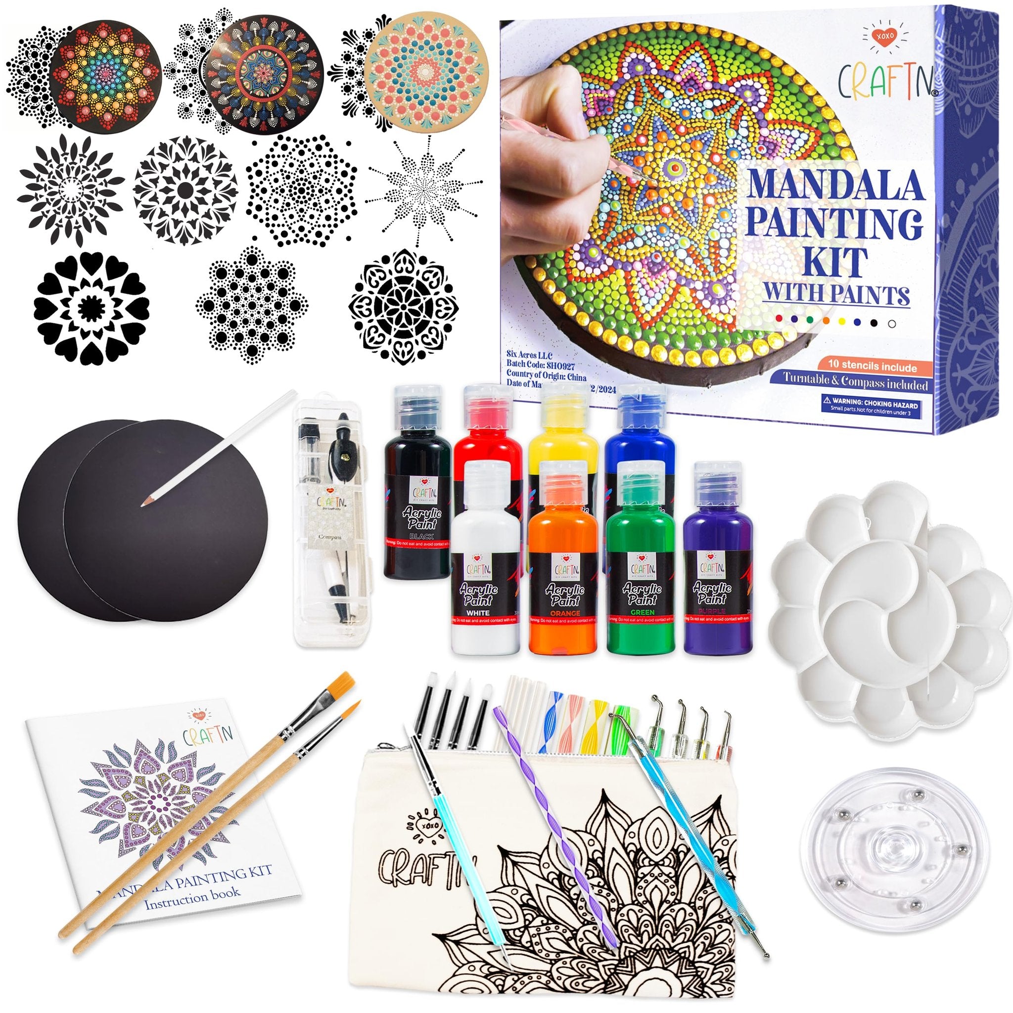Mandala painting kit contents including stencils, paints, brushes, dotting tools, black boards, and instruction book.