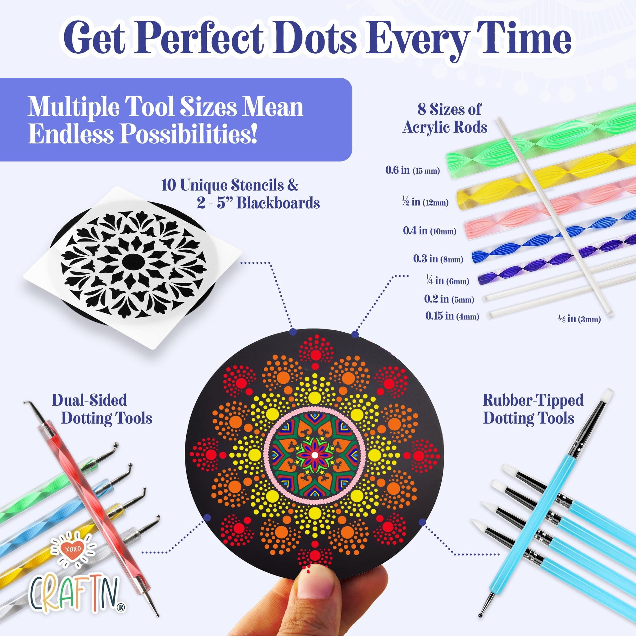 Mandala painting kit tools including stencils, acrylic rods, dotting tools, and brushes shown with text overlays.