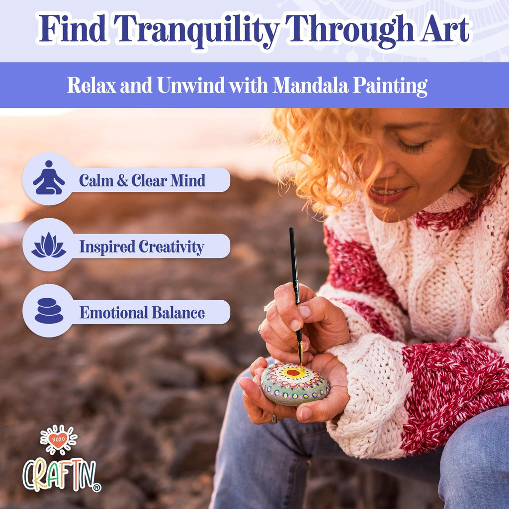 Woman painting a mandala on a rock with a brush, with inspirational text overlays.