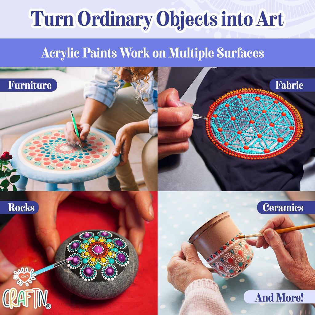 Collage of four images showing mandala dot painting on furniture, fabric, rocks, and ceramics.