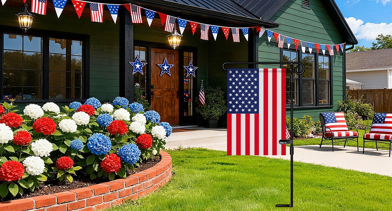 Metal garden flag stand with American flag and patriotic decorations on a house porch.
