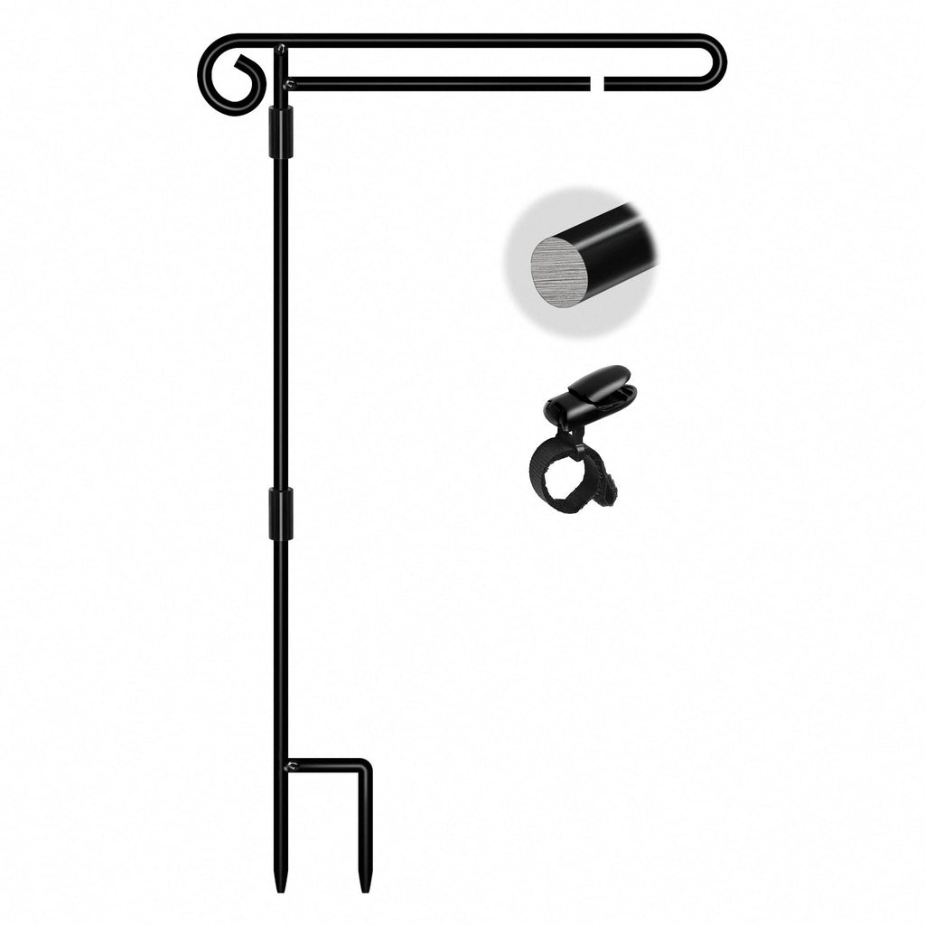 Black metal garden flag stand with double hoop and clip, shown on white background with close-up inset of pole material