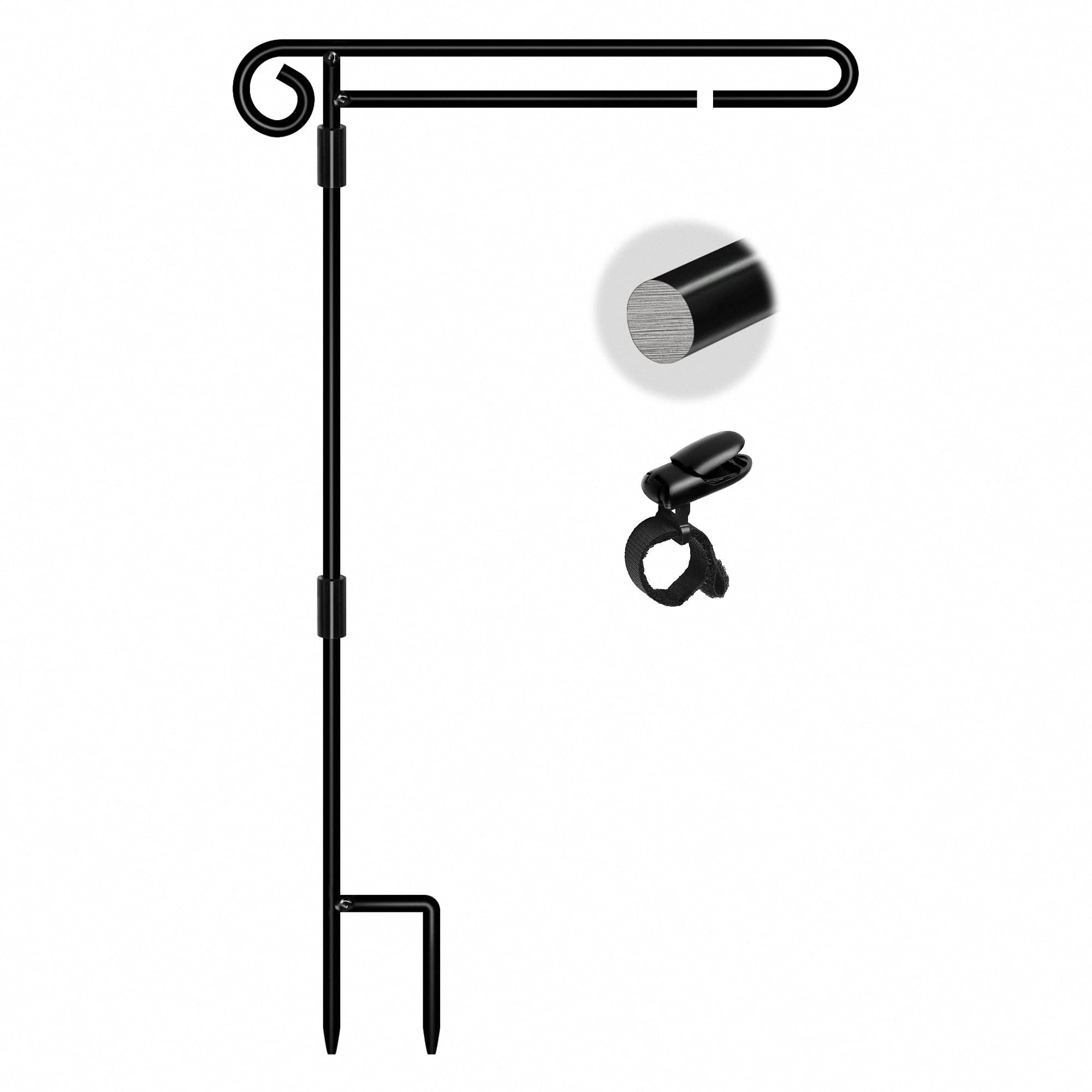 Black metal garden flag stand with double hoop and clip, shown on white background with close-up inset of pole material