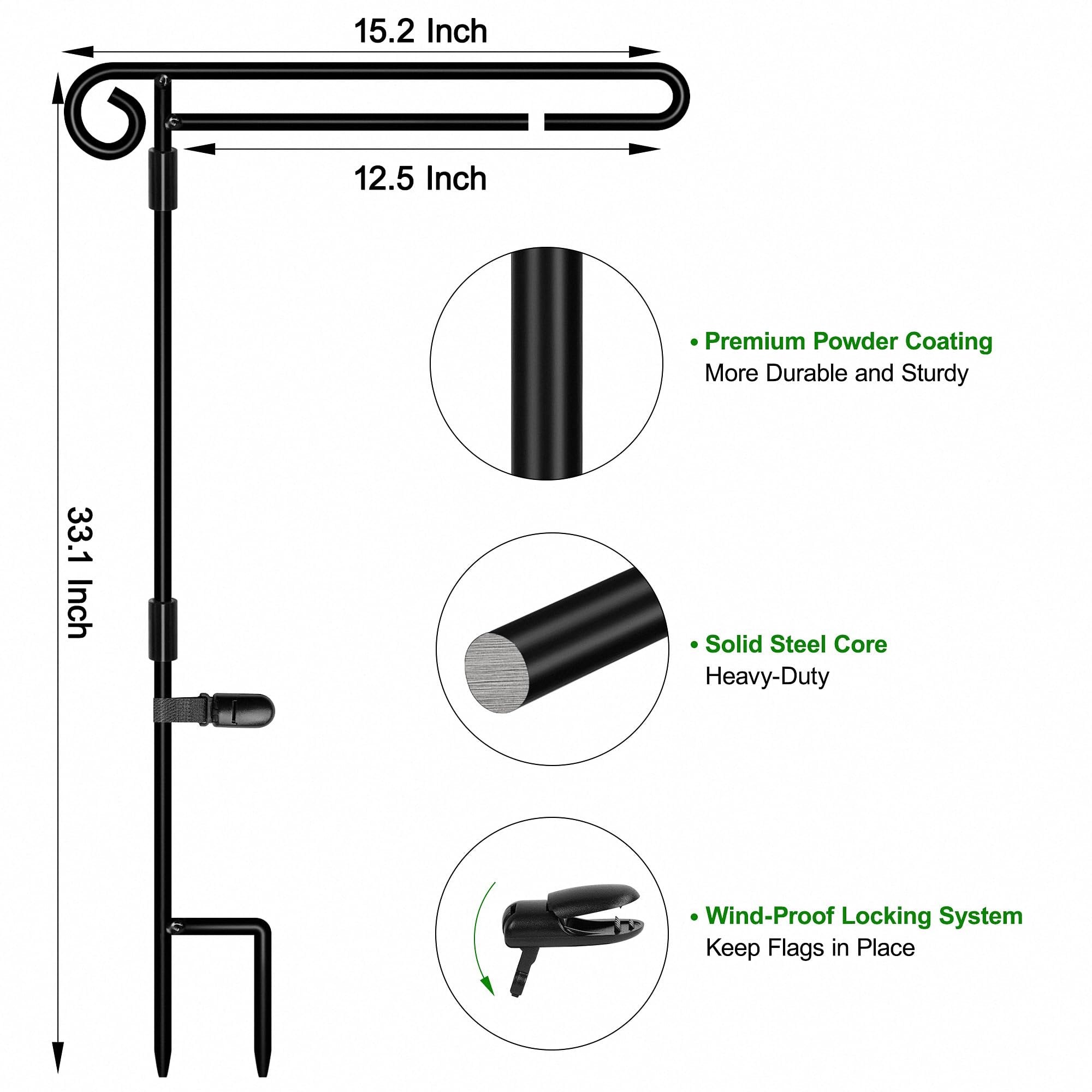 Black metal garden flag stand with double hoop, showing dimensions and features like powder coating and wind-proof locking system.