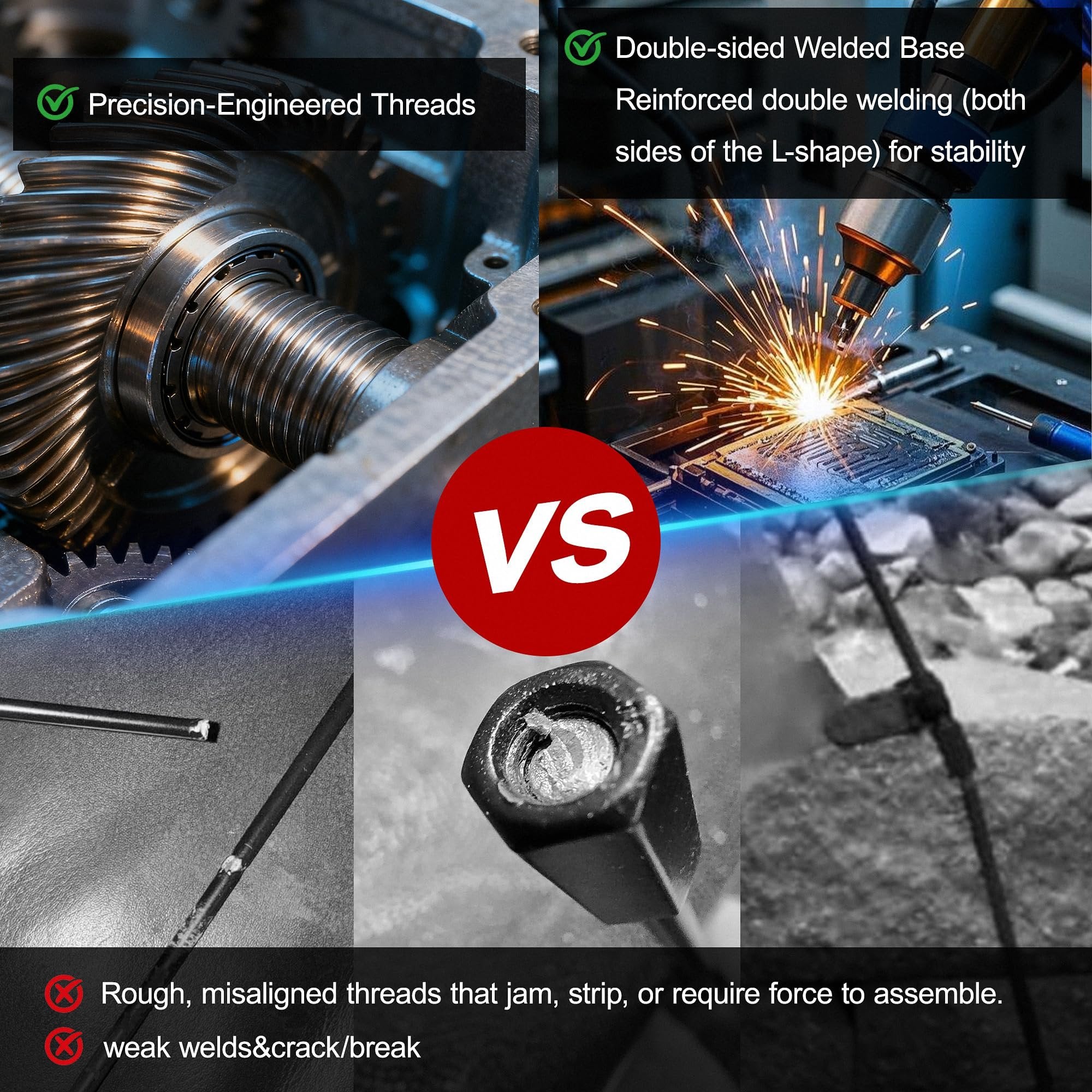 Comparison of metal components showing precision threads and welding versus rough, misaligned threads and weak welds.