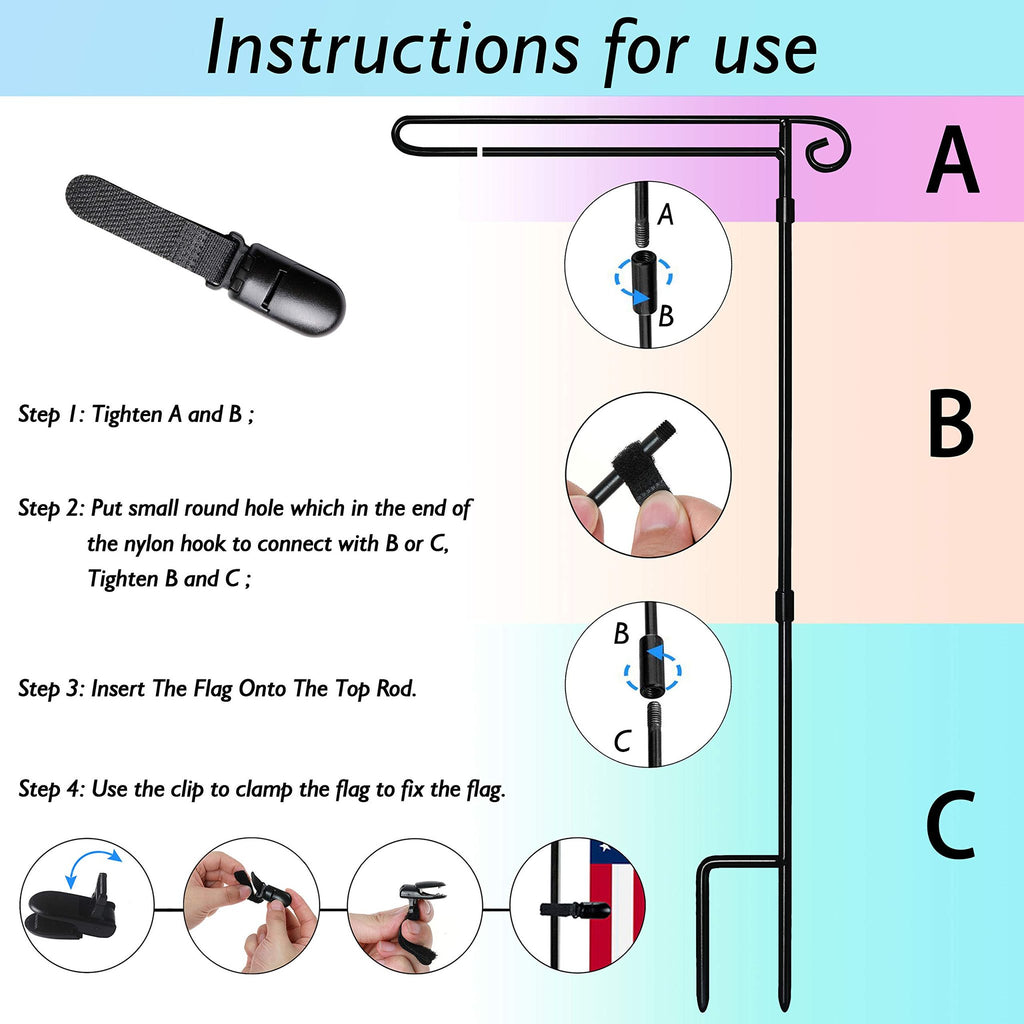 Instructions for assembling a black metal garden flag stand with clips and flag.