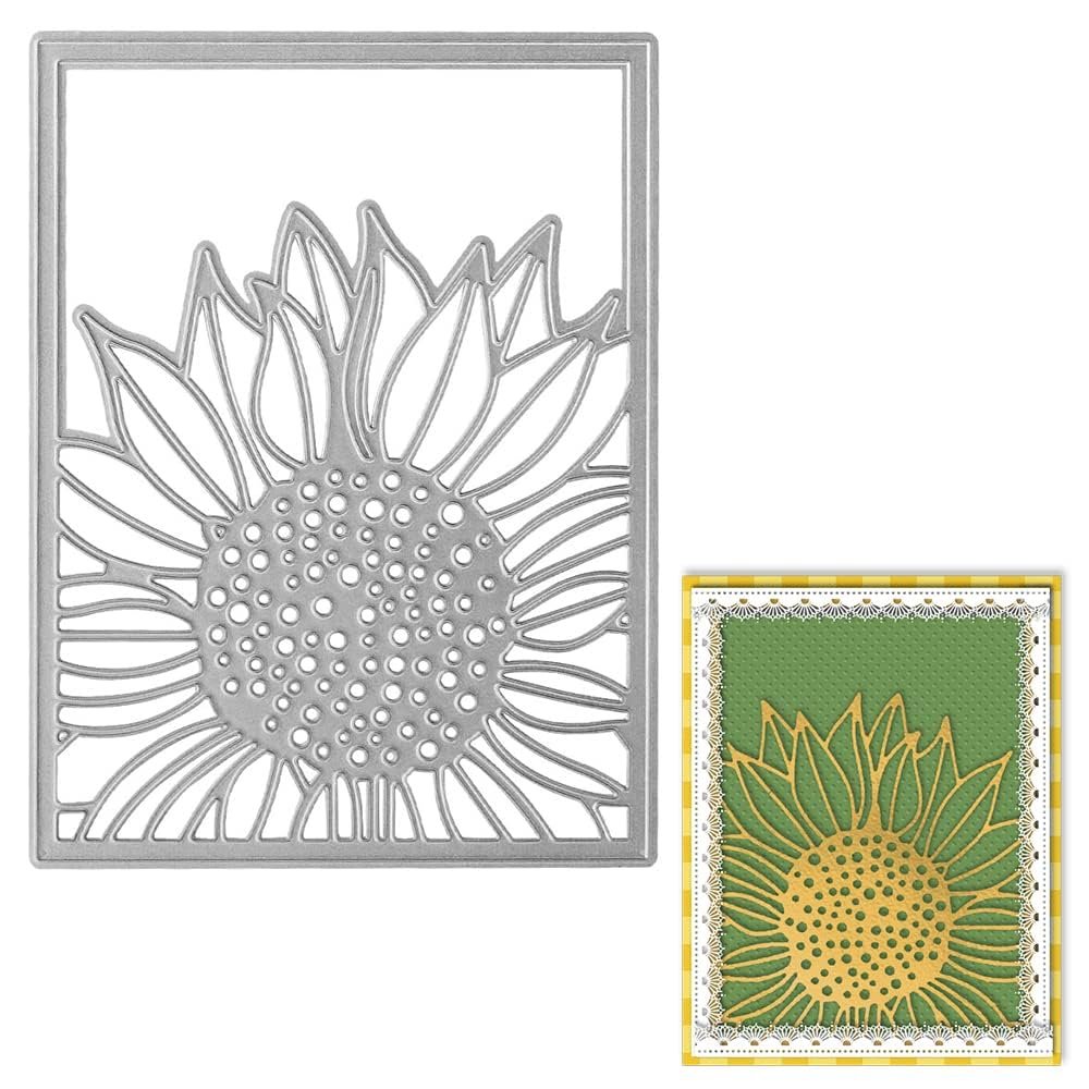 Metal sunflower cutting die next to a card showing the die cut design