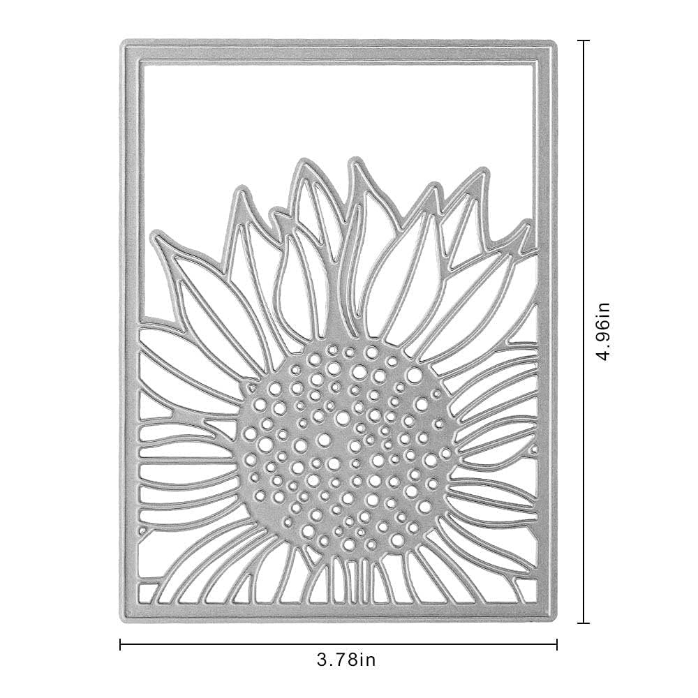 Metal sunflower frame cutting die for card making, shown flat against a white background with dimensions labeled.