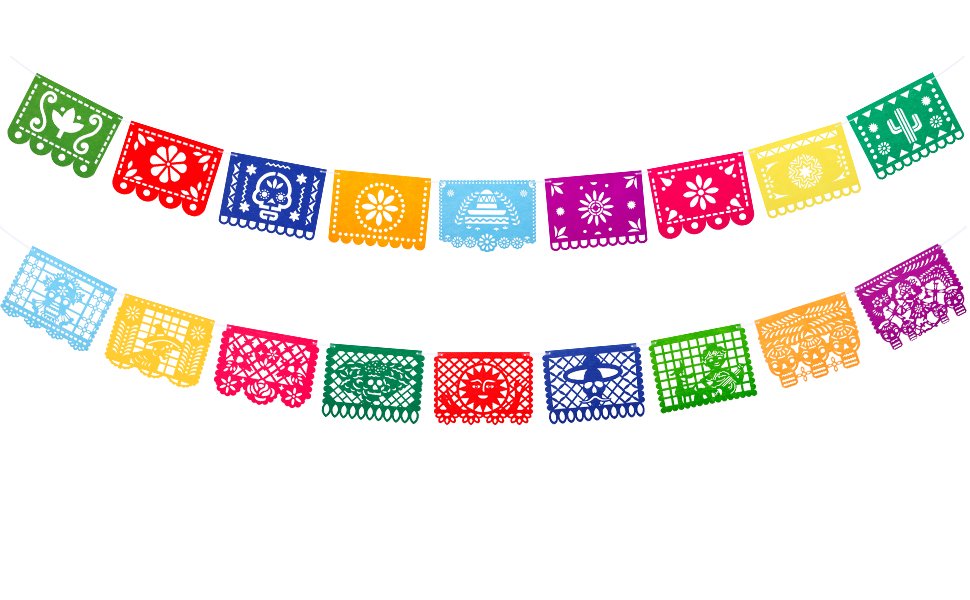 Two strings of colorful Mexican Papel Picado banners with various designs like skulls, flowers, and cacti, against a white background.