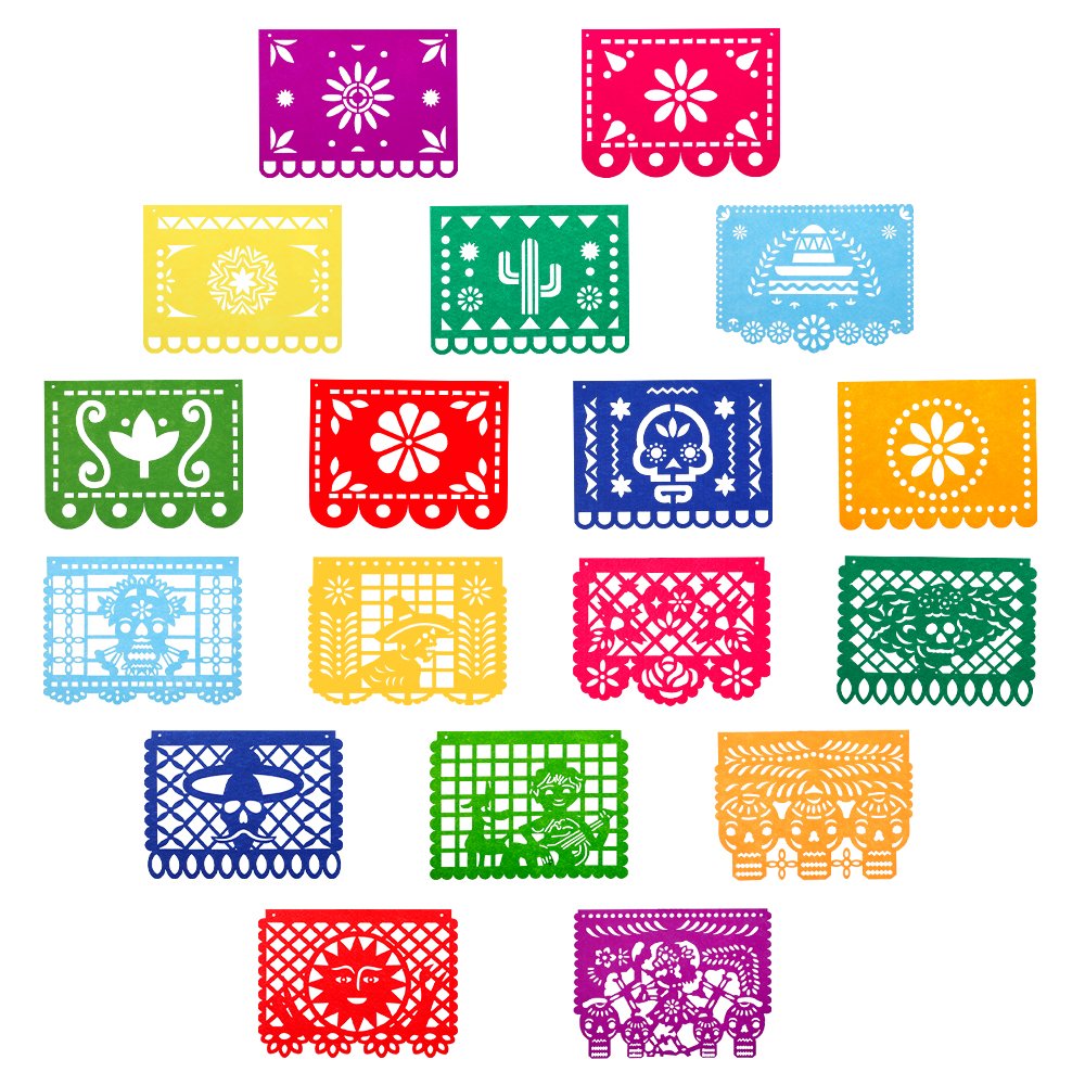 Collection of colorful Mexican Papel Picado banners with various designs including flowers, skulls, and cacti.
