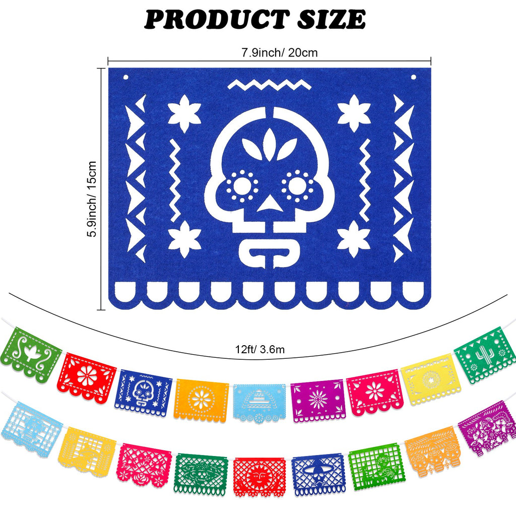 Mexican fiesta papel picado banners shown with size dimensions and a string of colorful felt flags.