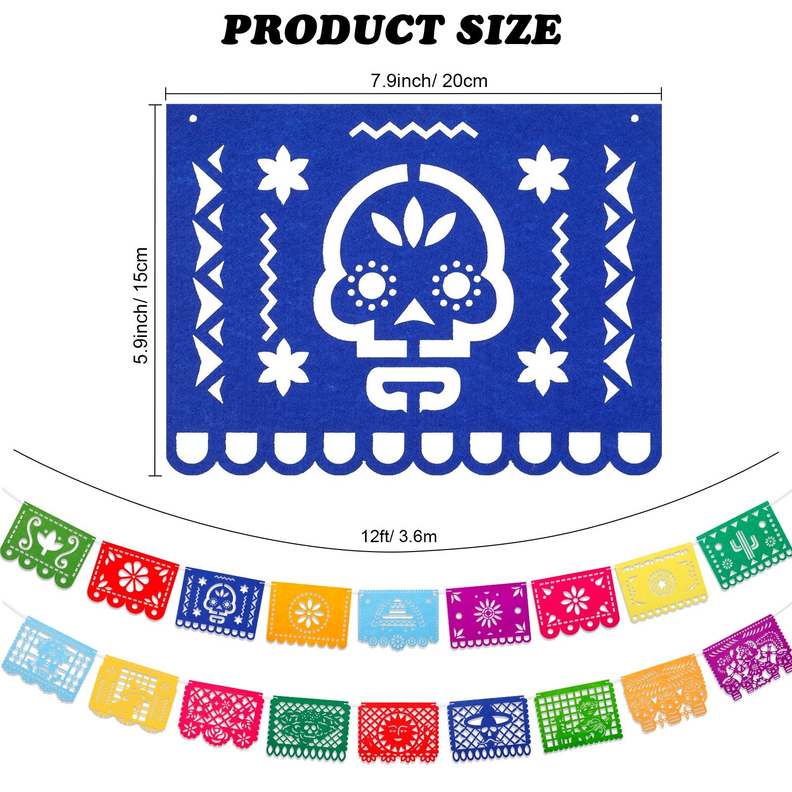 Mexican fiesta papel picado banners shown with size dimensions and a string of colorful felt flags.