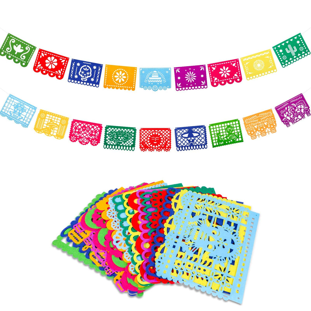 Two strings of colorful Mexican Papel Picado banners with various designs, plus a fanned stack of individual felt flags.
