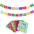 Two strings of colorful Mexican Papel Picado banners with various designs, plus a fanned stack of individual felt flags.