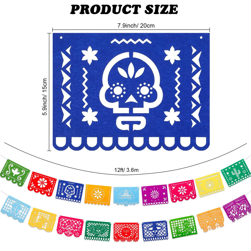 Mexican fiesta papel picado banners shown with dimensions and length. One large blue banner features a skull design, and a string of smaller colorful banners displays various festive cutouts.