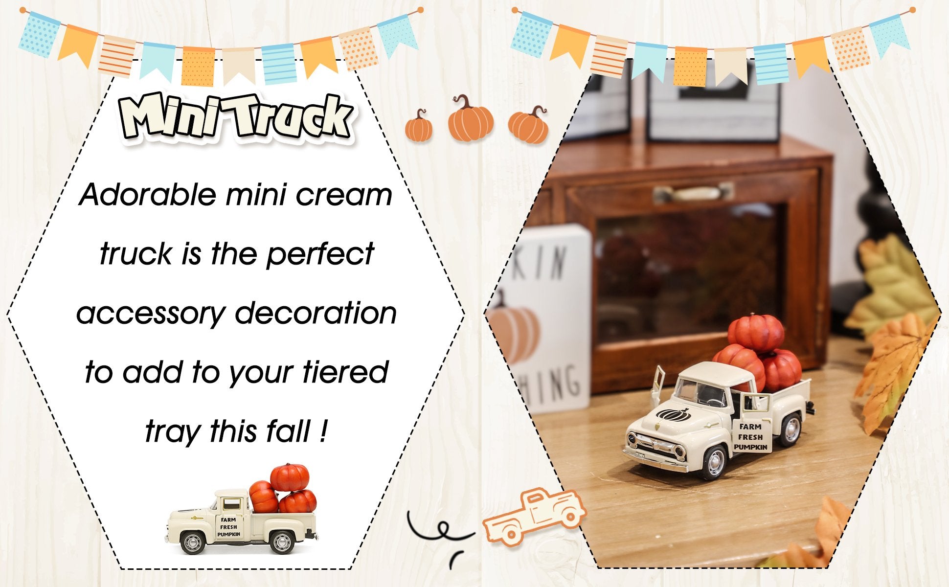 Cream metal farm truck with pumpkins, featuring 'Farm Fresh Pumpkin' text on the door, displayed on a wooden surface with fall leaves.