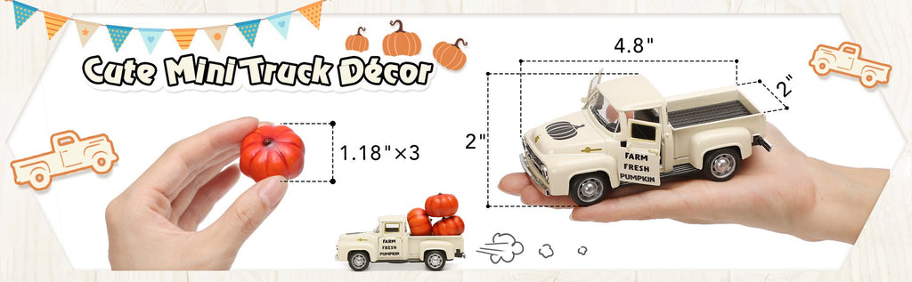 Cream-colored mini farm truck with pumpkins, showing dimensions and text 'FARM FRESH PUMPKIN'.