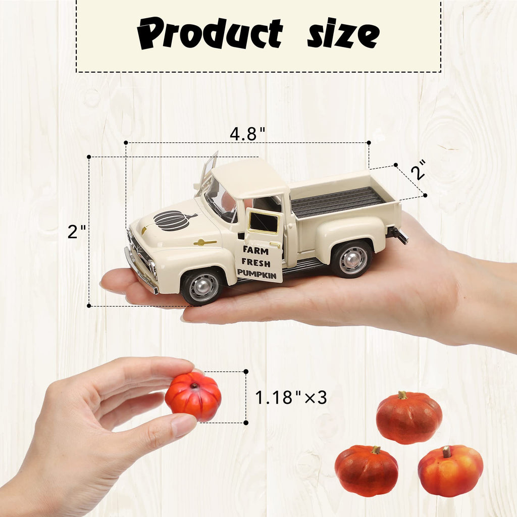 Cream metal farm truck with pumpkins, held in hand, showing dimensions 4.8" x 2" and pumpkin size 1.18" x 3.