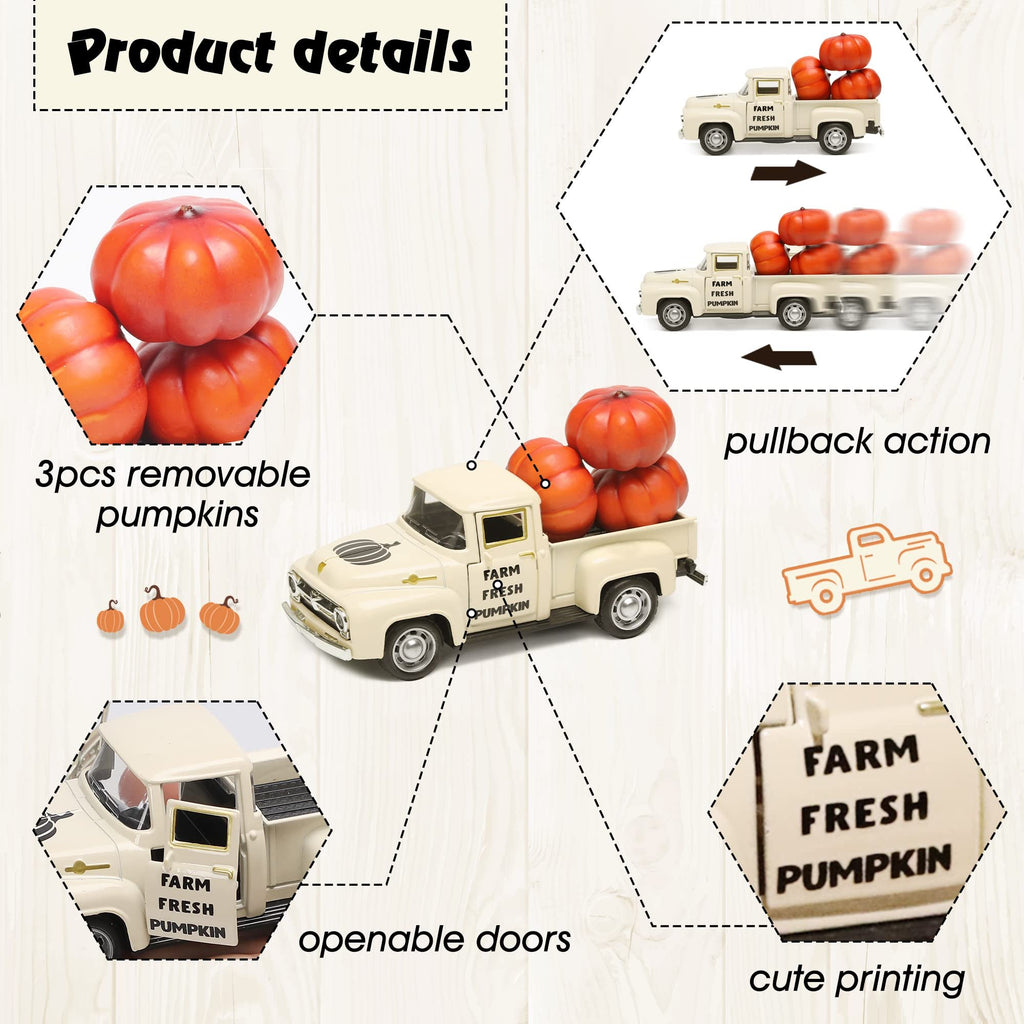 Cream-colored diecast farm truck with pumpkins in the bed, showing removable pumpkins, openable doors, and pullback action.