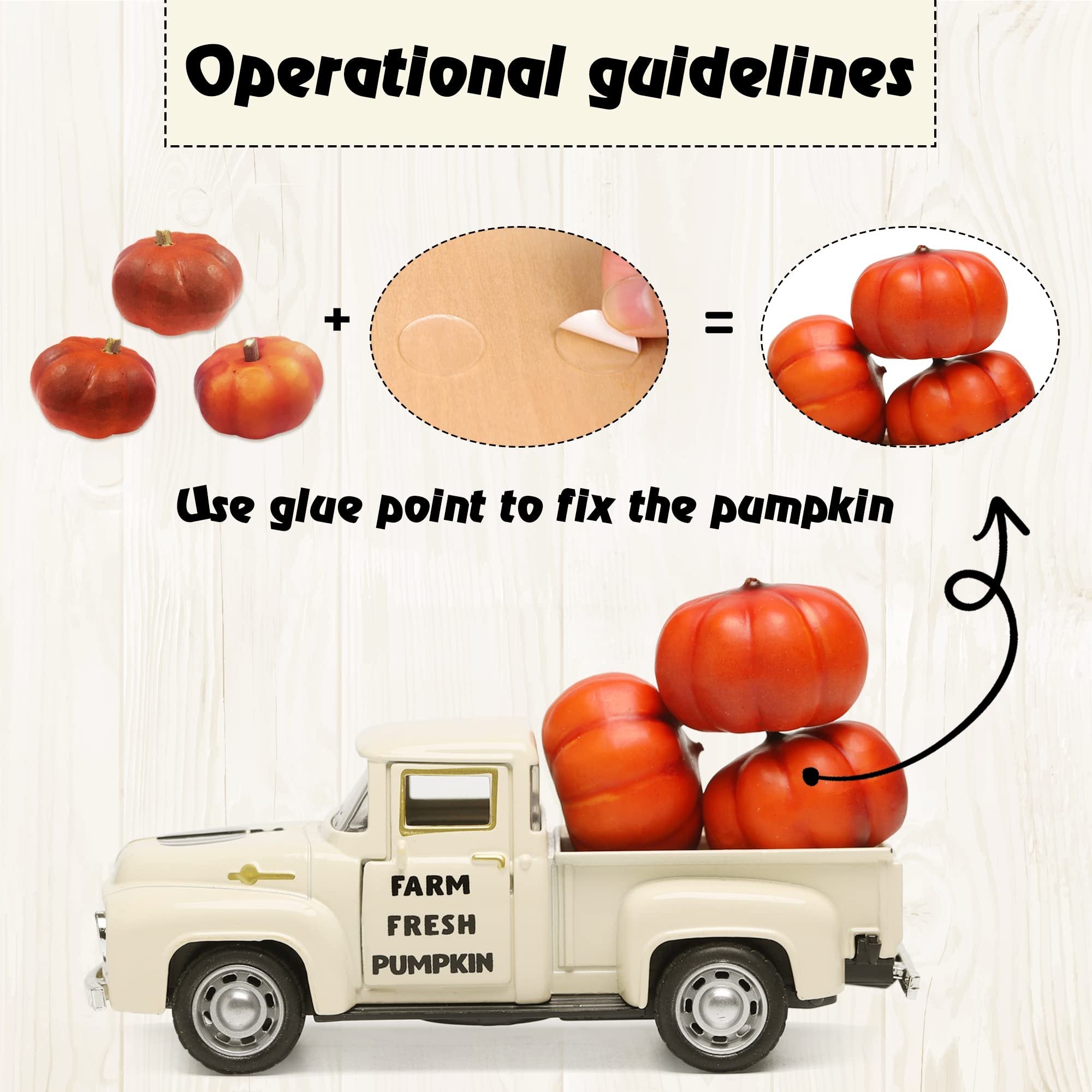 Cream metal farm truck with pumpkins in the bed, showing assembly instructions.