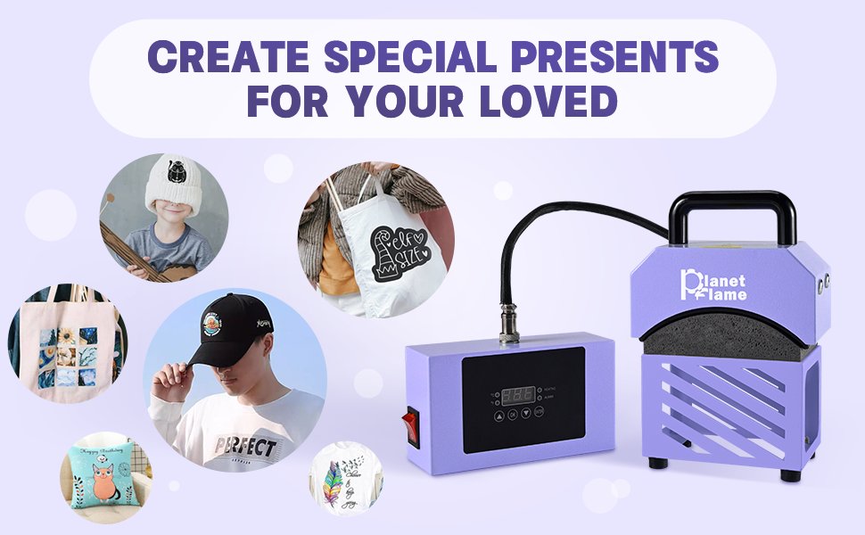 Purple mini heat press machine with digital display and various items for customization like hats, tote bags, and pillows