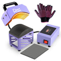 Purple mini hat press heat machine with digital display, heat plate, and protective gloves on white background