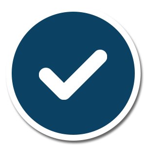 White checkmark icon on a dark blue circle background with a subtle shadow