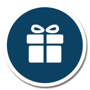 Gift icon inside a dark blue circle with a white border and shadow
