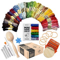Mini loom and darning kit contents including colorful embroidery threads, wooden darning egg, needles, and loom tool.