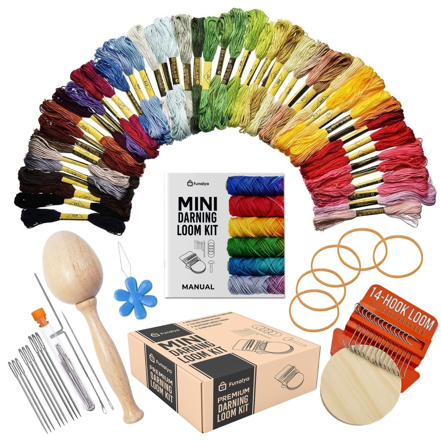 Mini loom and darning kit contents including colorful embroidery threads, wooden darning egg, needles, and loom tool.